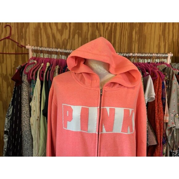 VS Victoria's Secret Bright Coral Pink Zip Up Light Logo Bright Size XS Hoodie - Picture 3 of 10